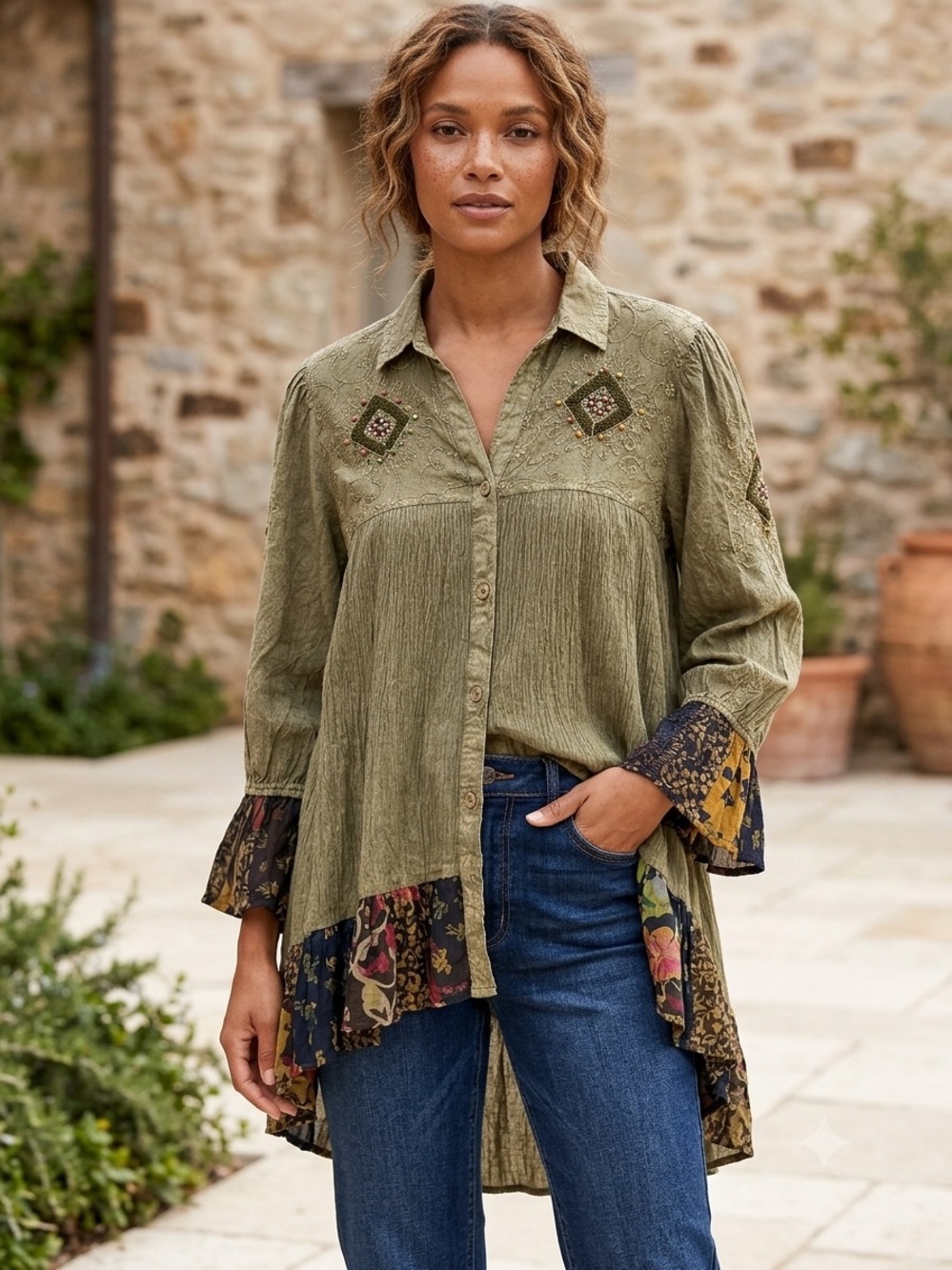 Young Threads Boho Embroidered High-Low Tunic Top - Size M - NWT